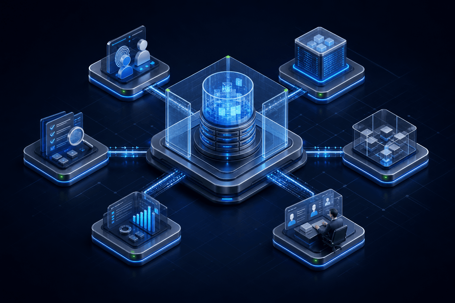 Enterprise security architecture connecting identity, privacy, monitoring, audit, and human oversight controls